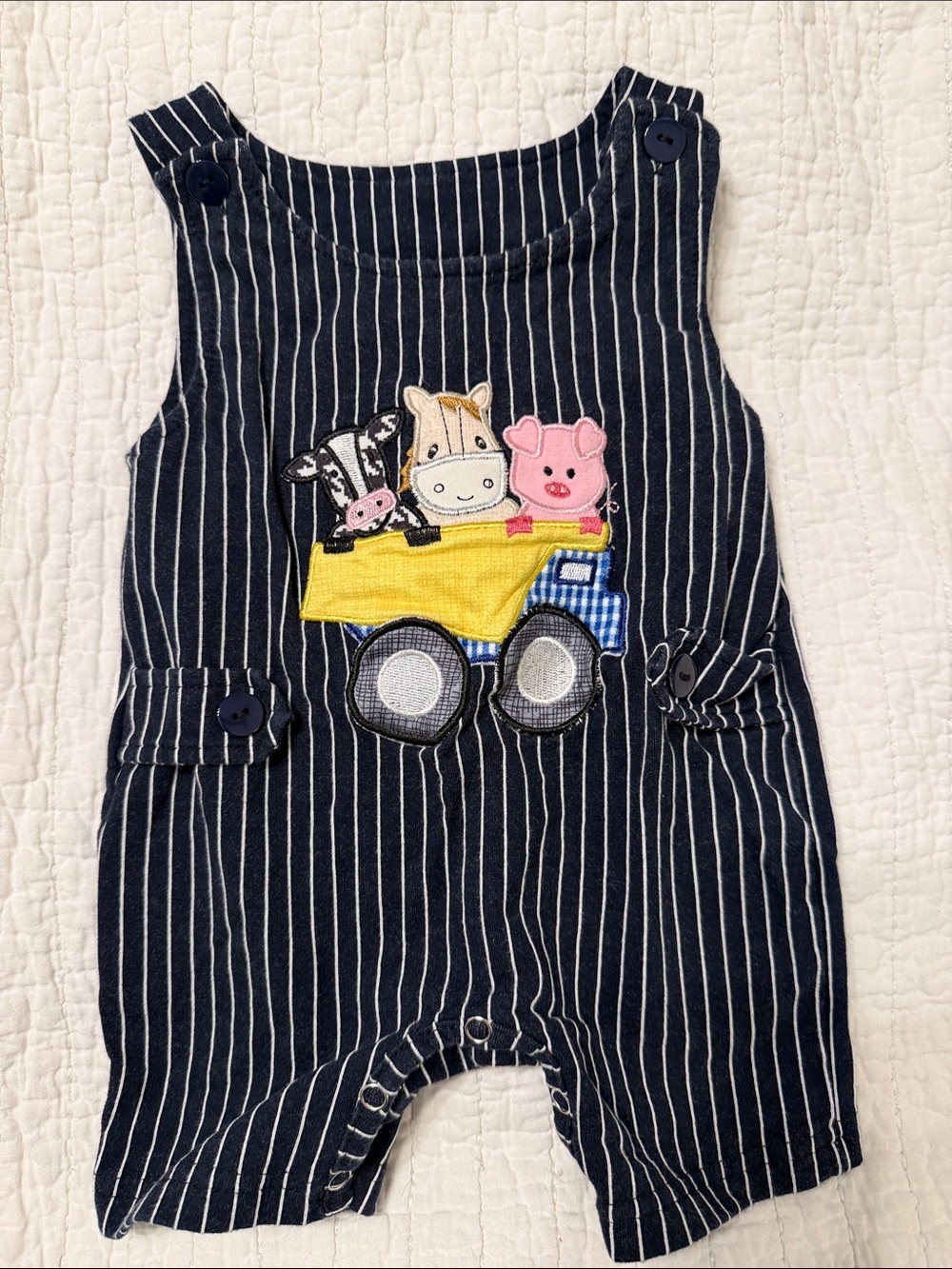 Striped Navy Baby Overalls with Farm Truck Appliqué